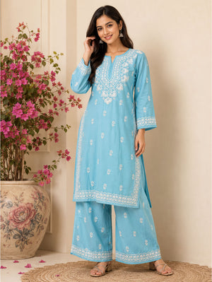 Hand Embroidered Chikankari Rayon Kurta and Palazzo-2688